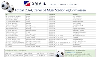 Oversikt lag og treningstider Fotball 2024